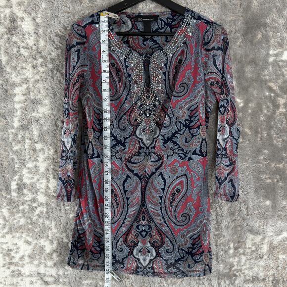 INC International Concepts Size M Paisley Keyhole Beaded Top Long Sleeve - Picture 2 of 7